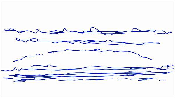 Blaue Landschaft 2 oder "Atmosphärische Landschaftsemanation", Erste Blaue Atelier Mappe Bogen 97, Linien Gesichter, Zermatt, 1944, Collezione Lambertio.