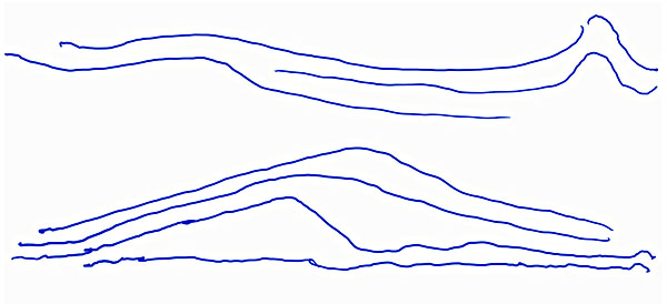 Blaue Landschaft 5 oder "Wirklich vorgefundenes Aufeinandertreffen zweier Landschaftstypen", Erste Blaue Atelier Mappe Bogen 101, Linien Gesichter, Zermatt, 1944, Collezione Lambertio.